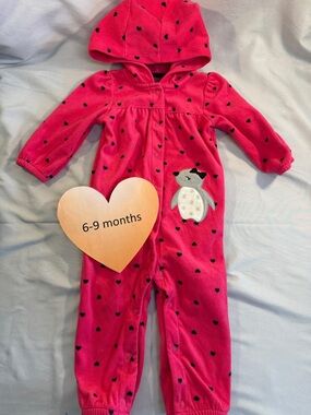 Carter's - NWOT - Pink Fleece Baby Onesie/hooded romper with Heart Accents